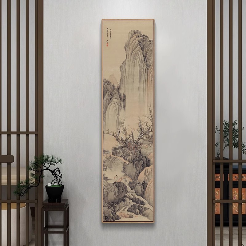 新中式玄关山水挂画中国古画真迹复制品壁画茶室书房装饰画框竖版