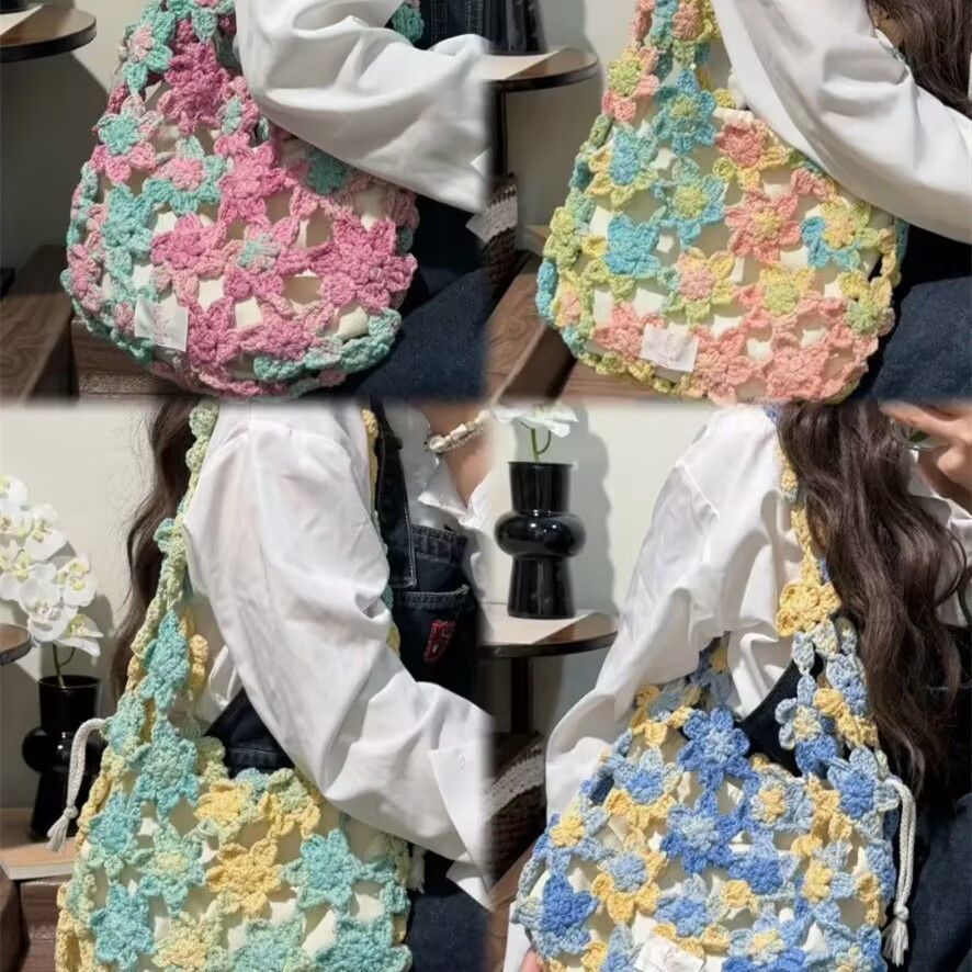 自制手工钩针编织星空段然繁华钩织彩色花朵单肩编织包材料包Y38