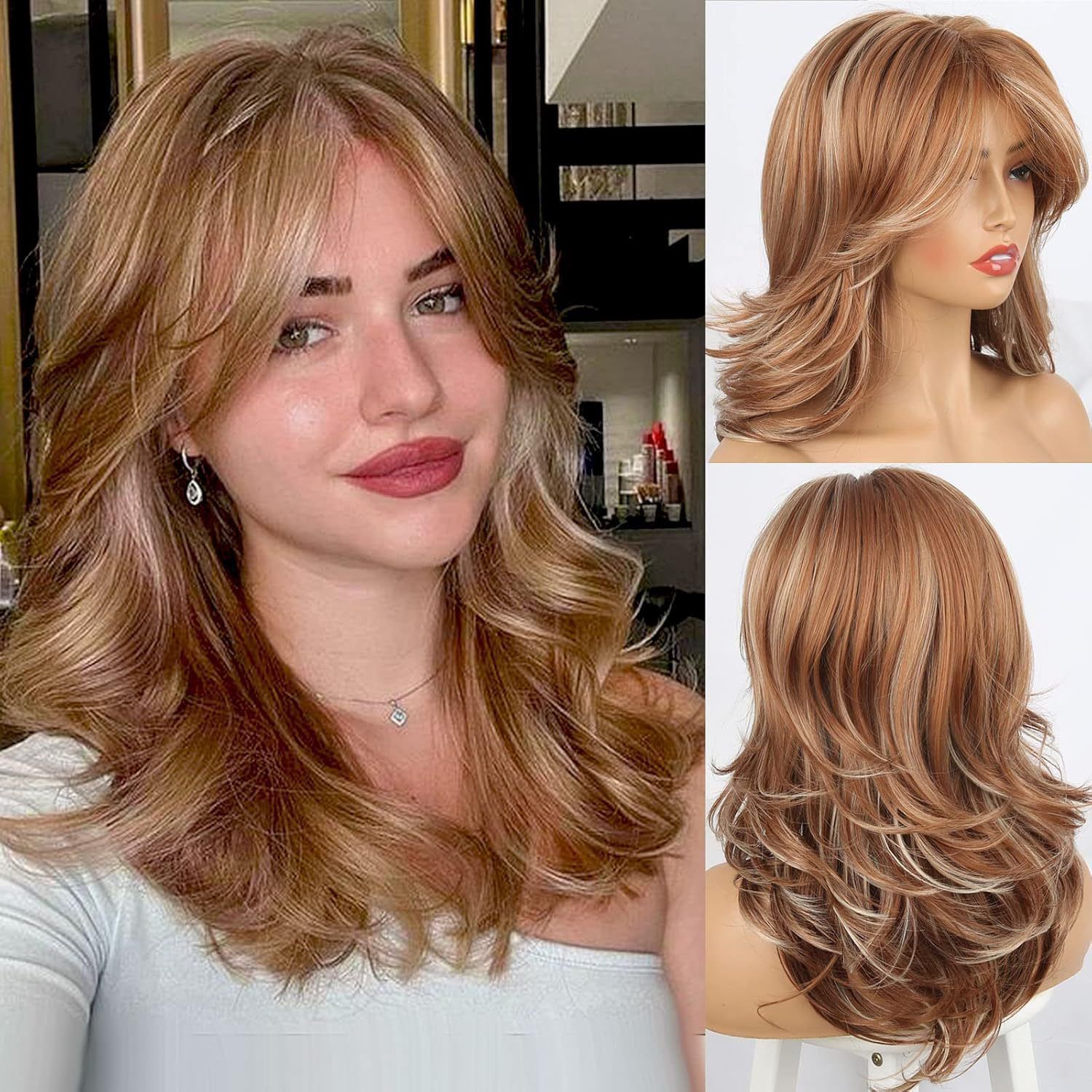Wish For Women Mixed Gold Medium Long Curly Hair With Side Bangs Synthetic Wig High Temperature Fiber_voghion.com