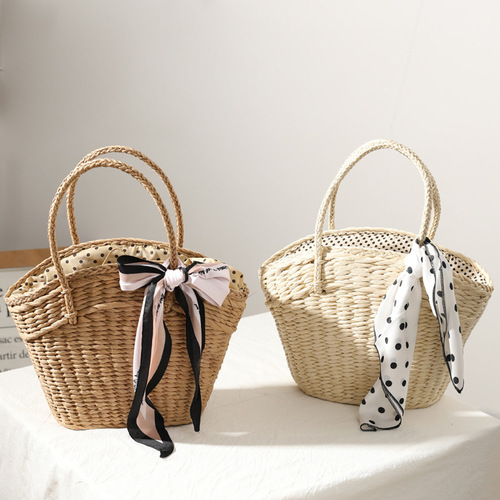 New Korean Grass Woven Bag for Women, Fashion Silk Scarf Summer Grass Bag Weaving Bag Beach Vacation Sand Bag Shoulder Bag