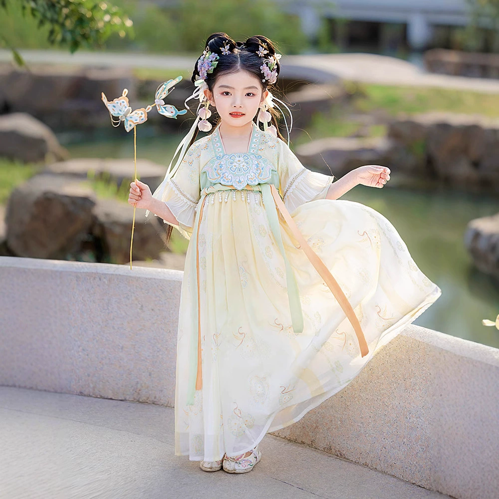 Девушка Hanfu 2025 лето новый детский высококачественный костюм повседневная юбка маленькая девочка платье платье оптом