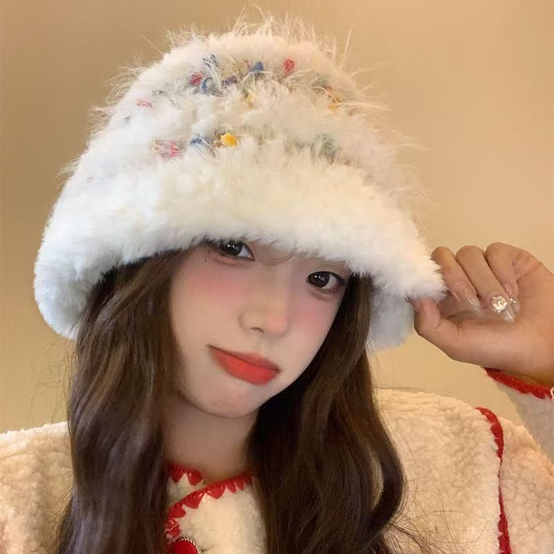 彩色小糖豆毛绒渔夫帽女秋冬季显脸小百搭毛线帽大头围帽子水桶帽|undefined