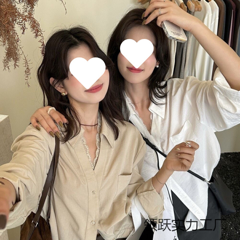 2025 New White Sunscreen Lyocell Lace Splicing Fake Two-Piece Shirt Loose Lazy Top for Women