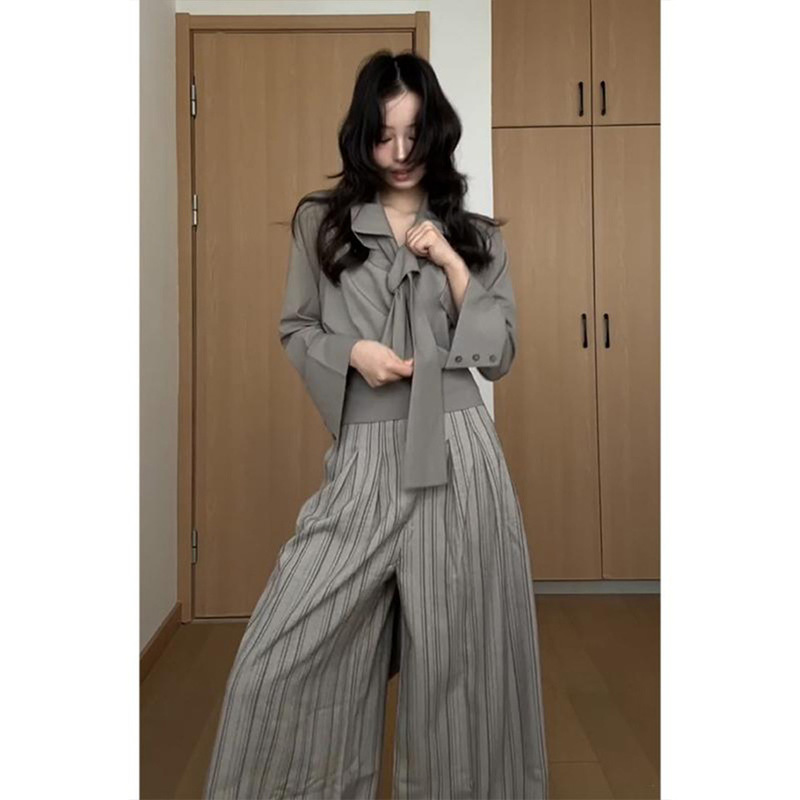 秋季新款慵懒感条纹长袖衬衫上衣女宽松显瘦休闲长裤套装|undefined