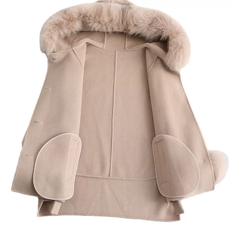 Двустороннее кашемировое демисезонное короткое шерстяное пальто с капюшоном, коллекция 2023 года