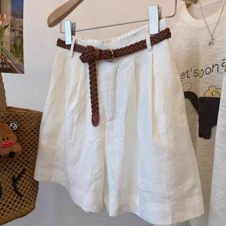 Imported Linen! Slimming Woven Belt Linen Shorts, High-Waisted Casual Three-Color Summer Vacation Cool Pants