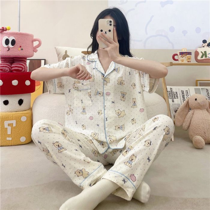 Pijamas transfronterizos al por mayor para mujer nube algodón otoño verano rebeca solapa pantalones de manga corta traje de servicio a domicilio simple y cómodo