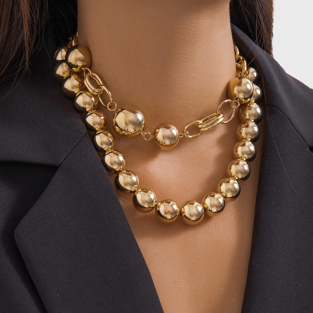 欧美跨境饰品 夸张冷淡圆珠串珠双层项链necklace 宫廷风百搭项饰