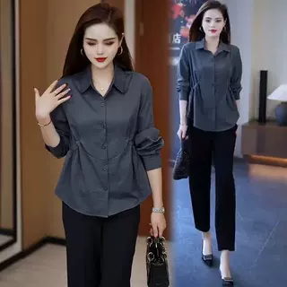 【工厂批发】春秋新款收腰遮肚子长袖衬衫女宽松显瘦洋气减龄上衣