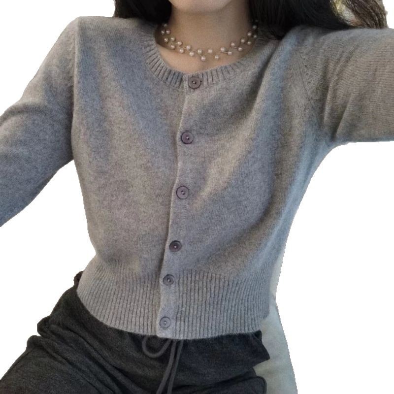 女士100全羊毛开衫秋冬新款圆领高腰短款毛衣外套纯色百搭针织衫|undefined