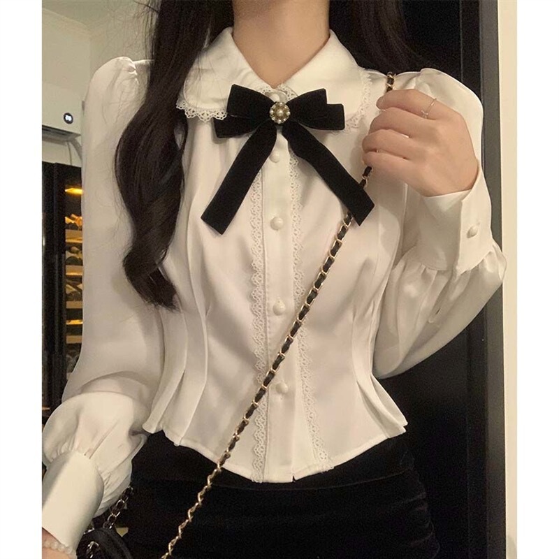 Academy-Style Sweet Doll Collar Long-Sleeve Shirt for Women, 2026 Spring and Autumn New Design, Waist-Cinching Short Design Shirt