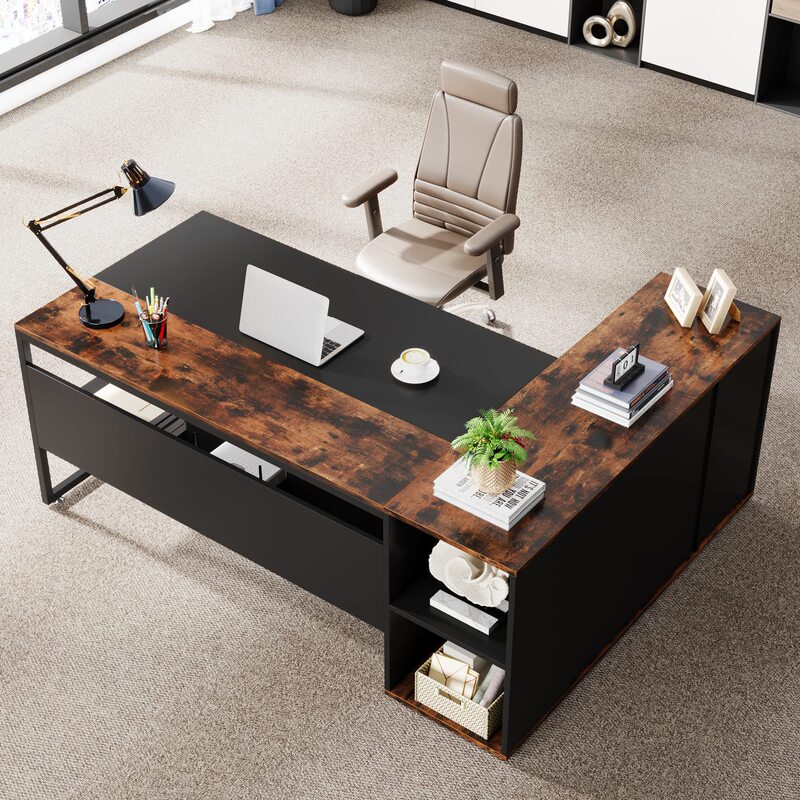 Executive Desk L-shaped Table with Cabinet Storage Executive Desk with Host Tray Home Desk Executive Desk L-shaped Table with Cabinet Storage Executive Desk with Host Tray Home Desk