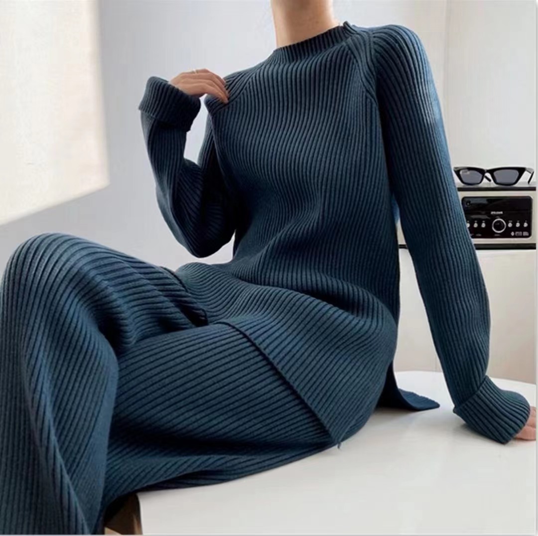 Solid color split sweater wide leg pants two piece set for women new fashionable loose spring and autumn knitted_voghion.com