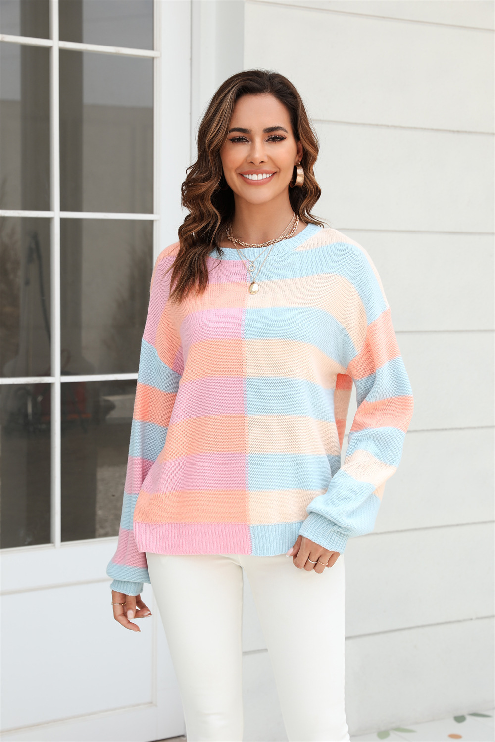 Suéter de Punto con Cuello Redondo, Estilo Europeo y Americano, para Mujer, Primavera-Otoño 2026, Diseño de Bloques de Color y Rayas con Parches, Moda Amazon. image 8