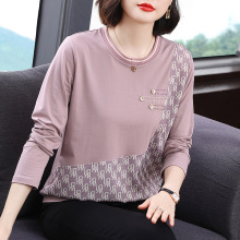 时尚拼接长袖T恤女2025秋新款减龄气质休闲打底衫跨境女装批发