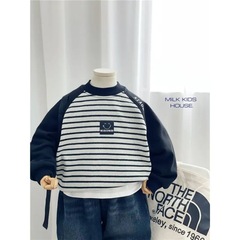 2023 boys' warm winter clothing children's padded and thick crew neck one-piece fleece striped smiling hoodie trendy