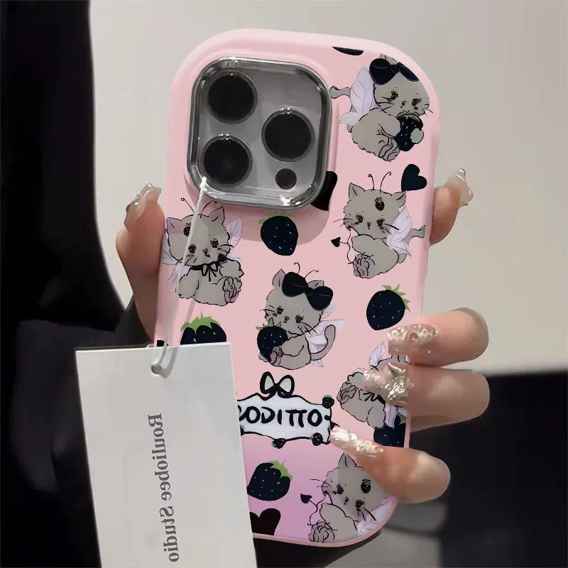 Чехол для телефона, совместим с Apple, клубничный дизайн, с котом, для iPhone 16, 16 Pro Max, 12