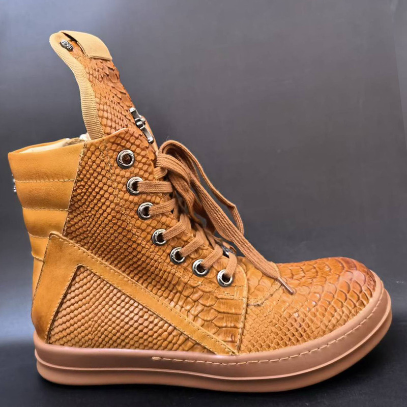 Snake Skin Pattern Spring and Autumn High-Top Short Boots Genuine Leather Ro Inverted Triangle Brown Thick-Soled Sneakers Men's Export Sports Casual Shoes