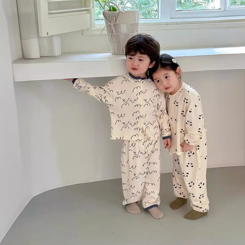 2024 Danish-style children's open-neck pajama set for boys and girls, honeycomb long-sleeved baby warm innerwear