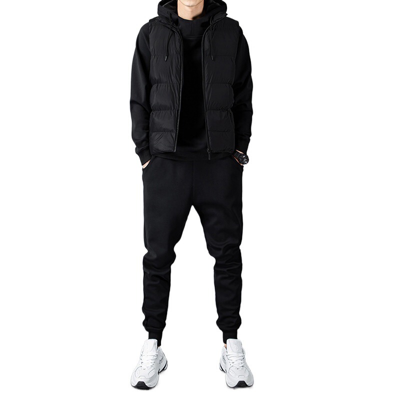 Hooded Sweatshirt Suit for Men, New Autumn and Winter Korean Style, Large Size, Fleece-Lined, Thickened Cardigan, Vest, and Three-Piece Set