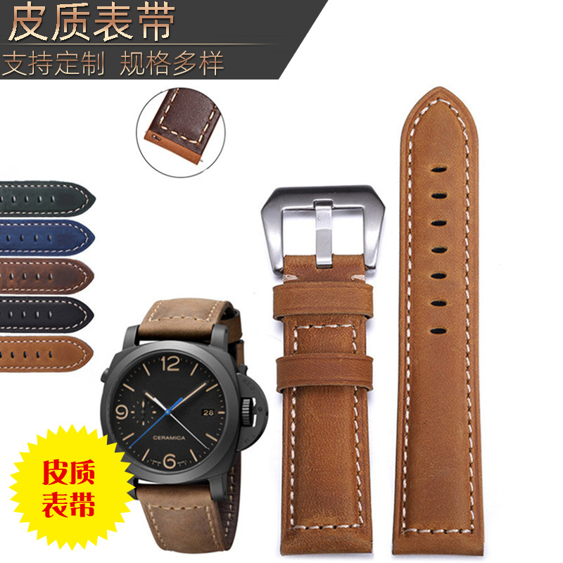 适配沛纳真皮手表带男PAM111/441意大利疯马皮针扣表带22 24 26mm