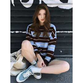 美式复古蓝色条纹长袖毛衣女2025秋季新款宽松百搭绝美圆领针织衫