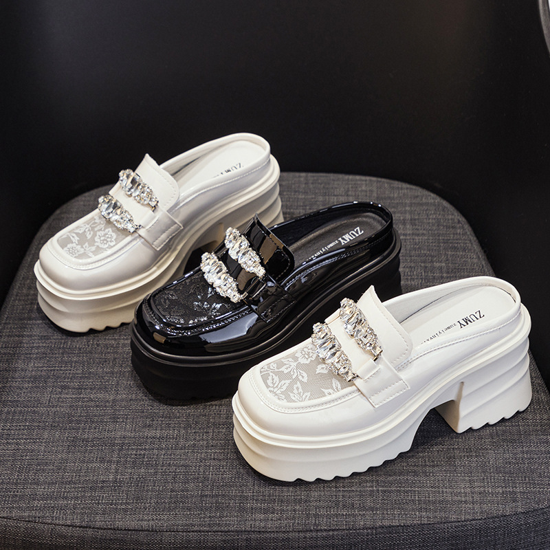 Baotou Half Slippers Women's Mesh Rhinestone Outer Wear Small Leather Shoes Spring and Summer 2024 New Style Increased Thick Sole High Heel Slip-on