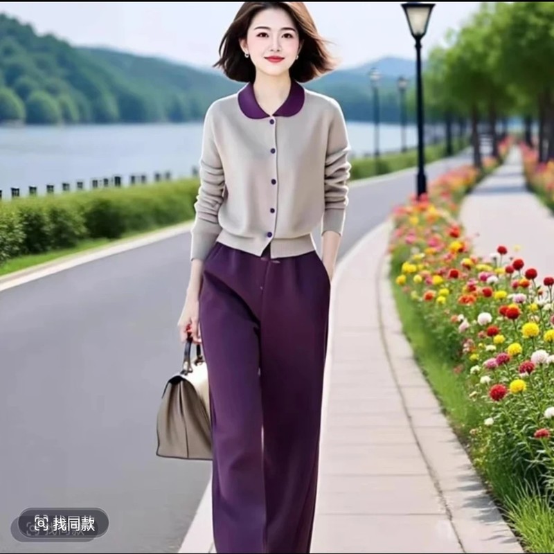 娃娃领早秋2025新款小清新撞色设计感纯色开衫套装女|undefined