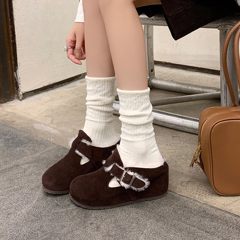 Dép lông Birkenstock da thật nữ đế dày, mũi kín lông cừu, có khóa thắt lưng, tăng chiều cao bên trong — cà phê nâu