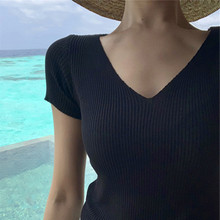 现货2024夏季新款时尚紫色短袖修身v领冰丝针织t恤女打底衫上衣潮