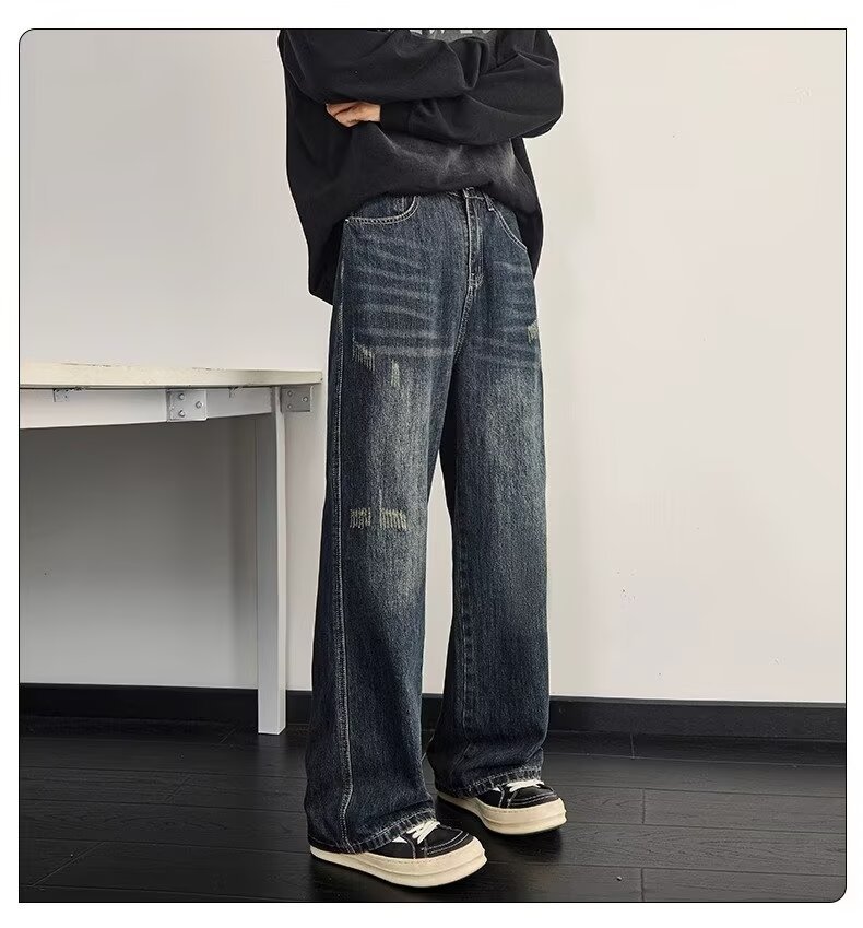 Men's Washed Vintage High Street Jeans Distressed Denim Loose Straight-Leg Fit Streetwear Style Blue S-3XL_mkmklike.com