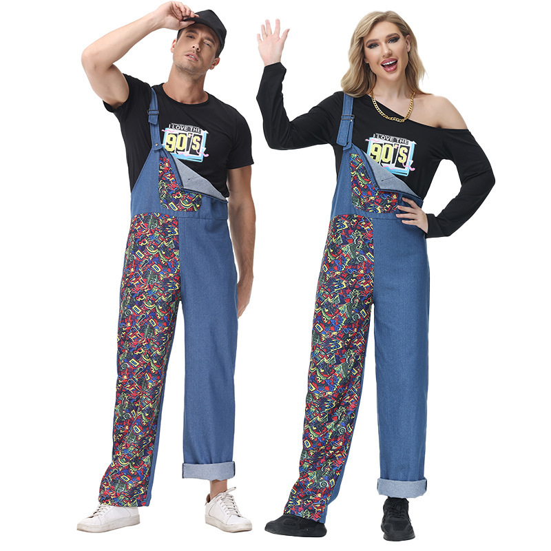 Halloween Cos Couple Printed Denim Suit Super Mario Cosplay Overalls Hip-Hop Disco Costume