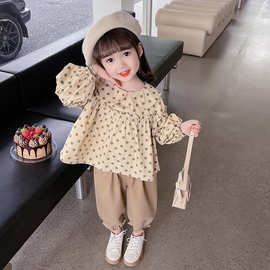 女宝宝圆点蝴蝶结套装秋装女孩甜美洋气长袖娃娃领衬衫韩版两件套