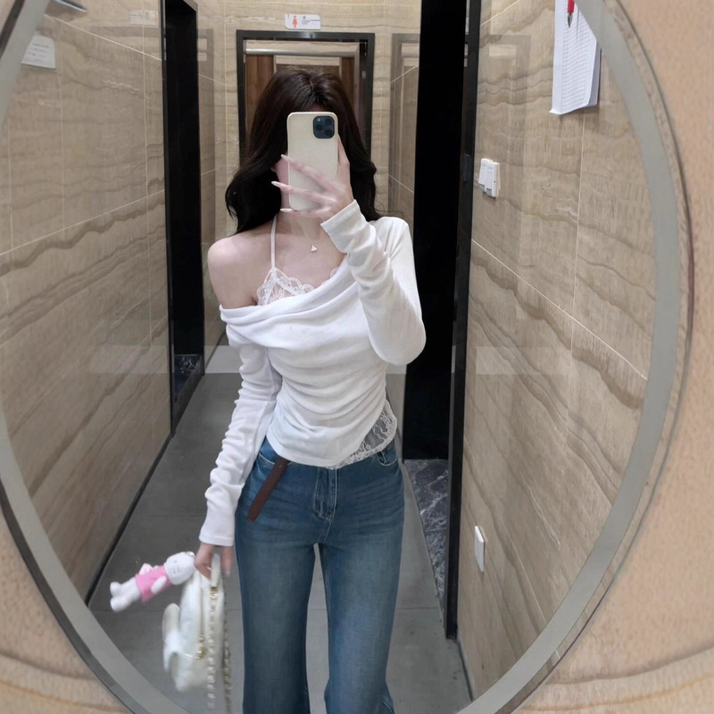 [210g 40 Count Fine Cotton 1*1] French White Lace Swing Collar Slanted Shoulder Long-Sleeved T-Shirt Women's Autumn Off-Shoulder Top