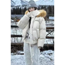 美式PU皮可拆卸毛领棉服女冬季高级感情侣保暖棉衣外套连帽面包服