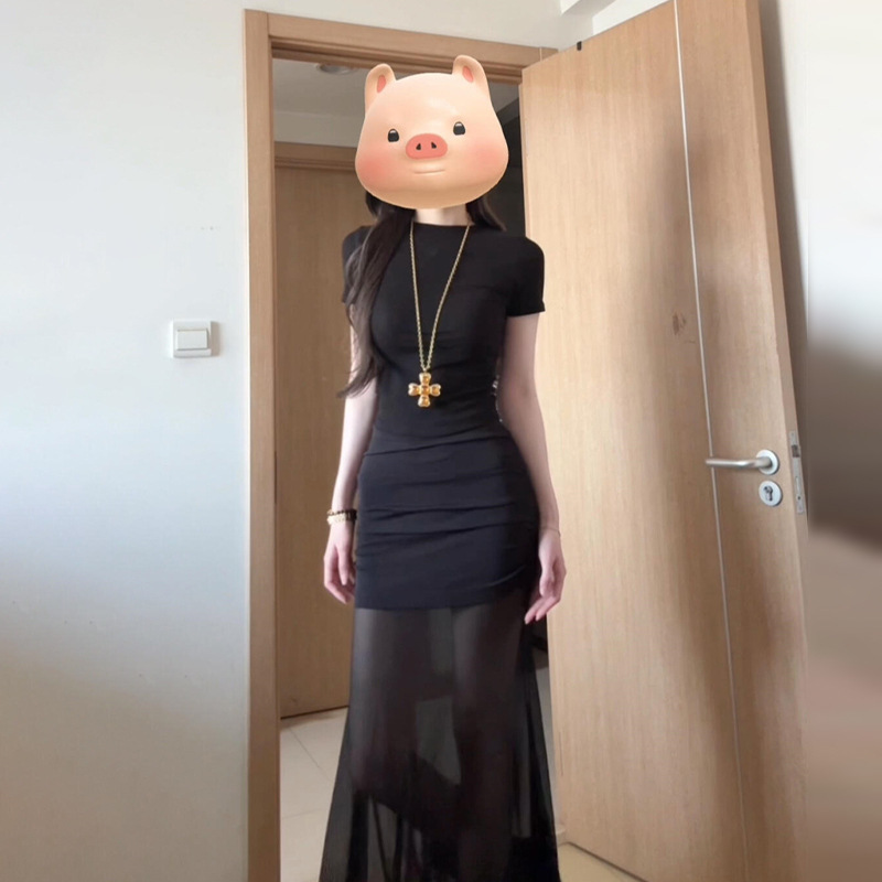 赫本风法式黑色网纱连衣裙子女夏季2025新款辣妹修身包臀长裙套装