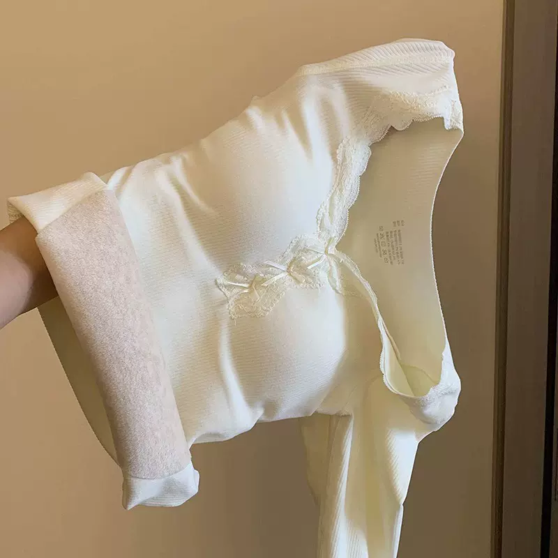 秋冬绵羊毛桑蚕丝保暖内衣女带胸垫加绒加厚长袖打底秋衣秋裤套装