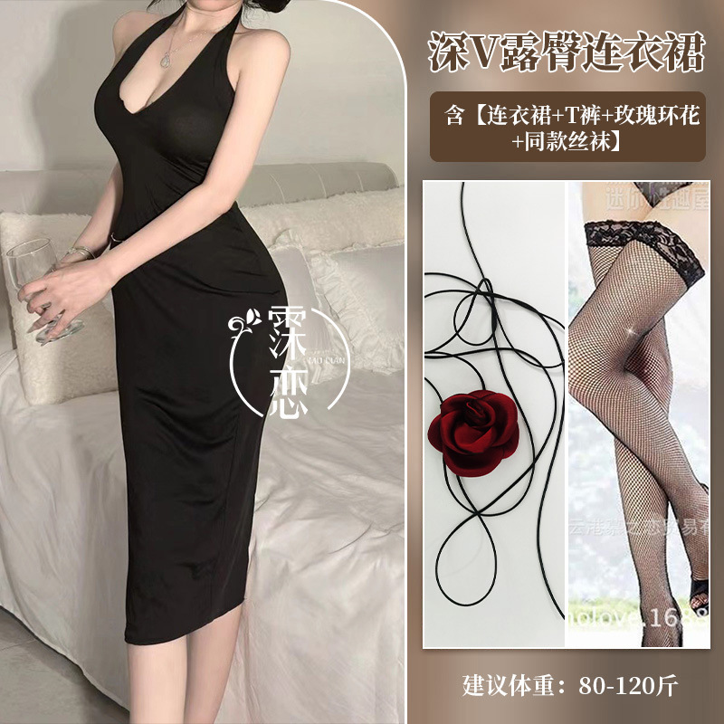 블랙 + 팬티 + 로즈 넥링 + 블랙 망사 스타킹