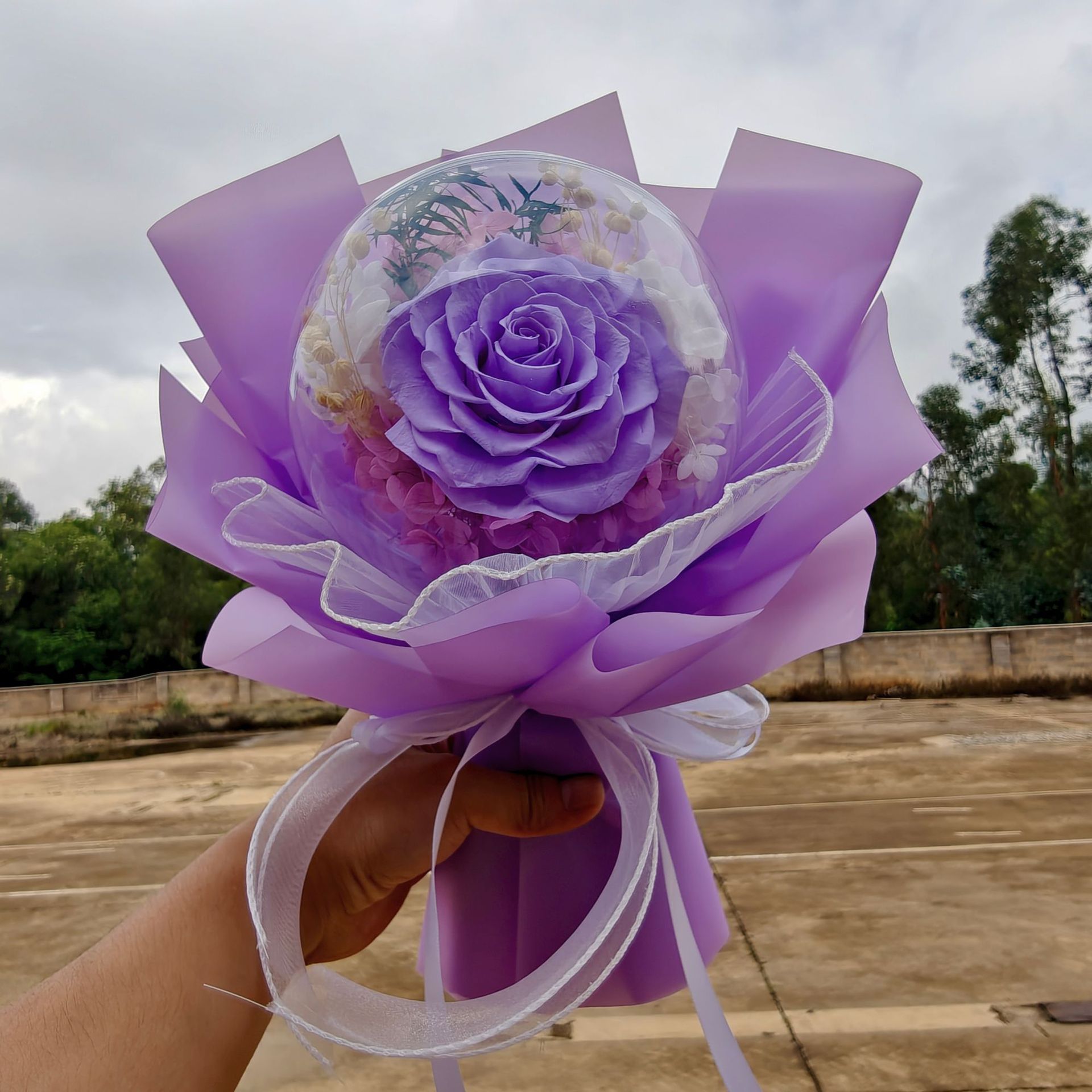 Yunnan Eternal Life Rose Bobo Ball Bouquet Caja de regalo terminada con luz Qixi San Valentín regalo hortensias ramo seco