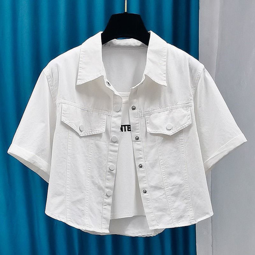 Korean-style stylish workwear fashion loose-match short-sleeve shirt jacket for women summer petite anti-aging top