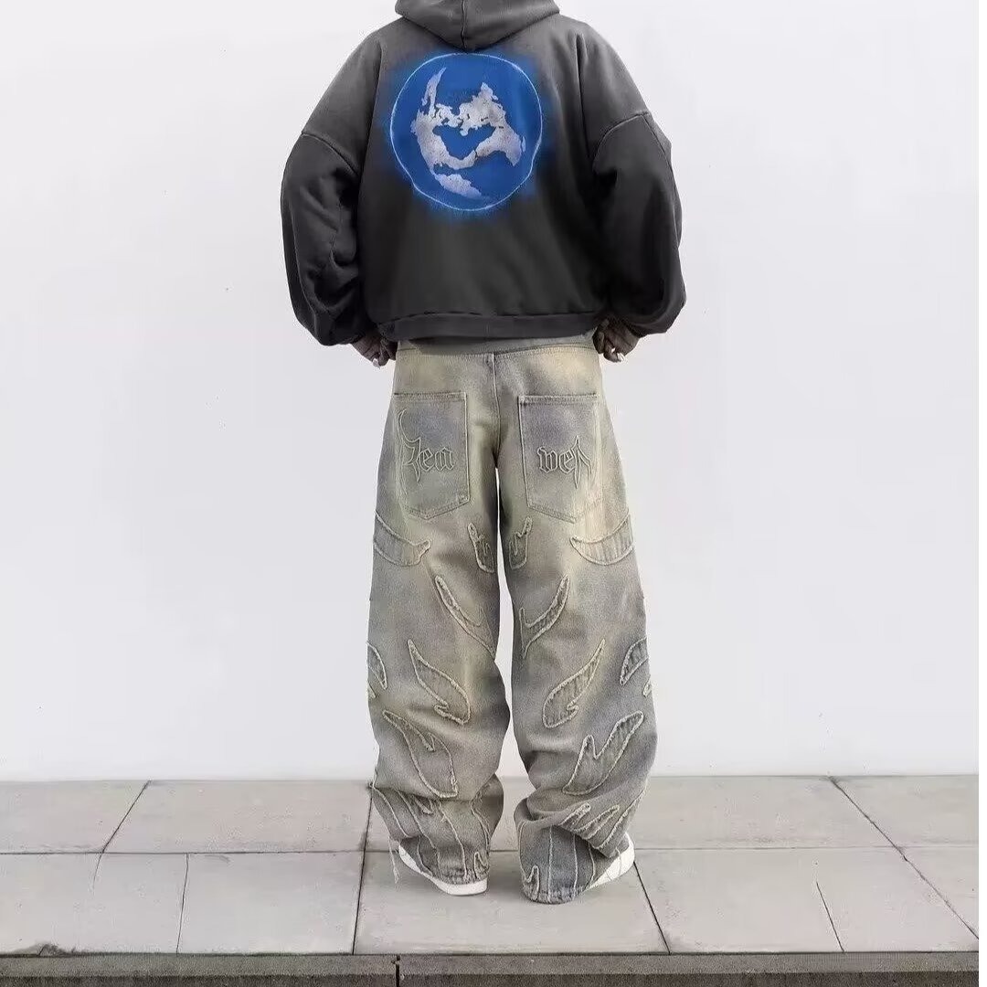 Vintage Embroidered Straight Leg Jeans For Men & Women – Relaxed Fit, Streetwear Fashion, Cotton Denim Pants (Black, Blue-Yellow)​_mkmklike.com