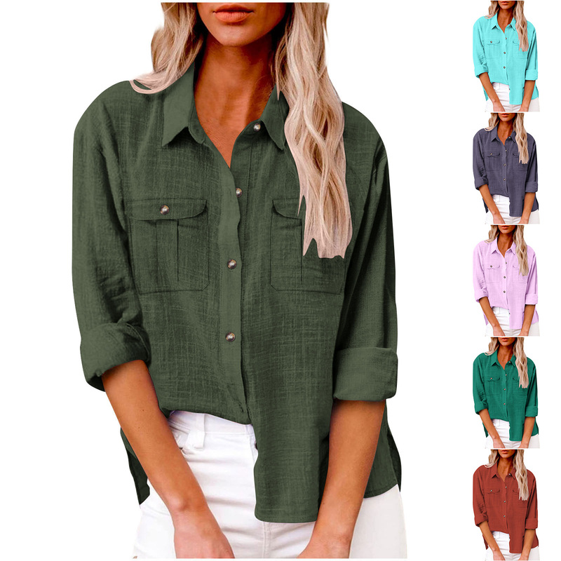Amazon 2025 Popular Autum Flap Pocket Pants Slit Long-Sleeved Women's European and American Cotton and Linen Shirts