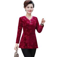 中老年女装妈妈春秋新款金丝绒提花长袖衬衫翻领中年秋装打底上衣
