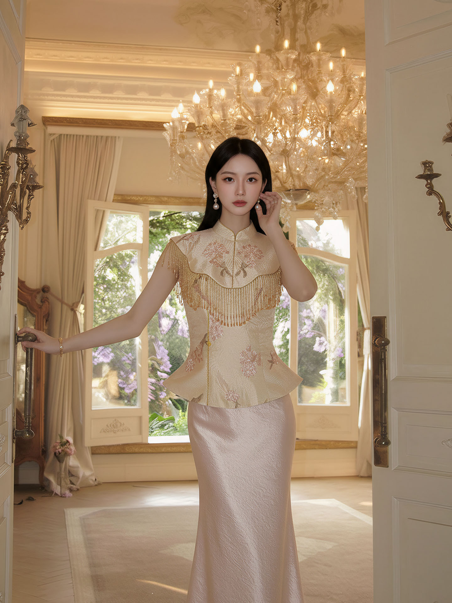 Bộ váy nữ phong cách Trung Hoa mới gồm áo choàng vai, áo khoác gile và chân váy nửa dài, họa tiết thêu hoa văn, tua rua — Mây vai, Trang chủ, Champagne màu nửa váy