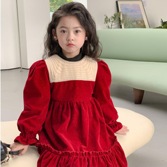 女童過年裝連衣裙童裝2023冬女寶珍珠領絲絨亮閃裙子女加絨公主裙