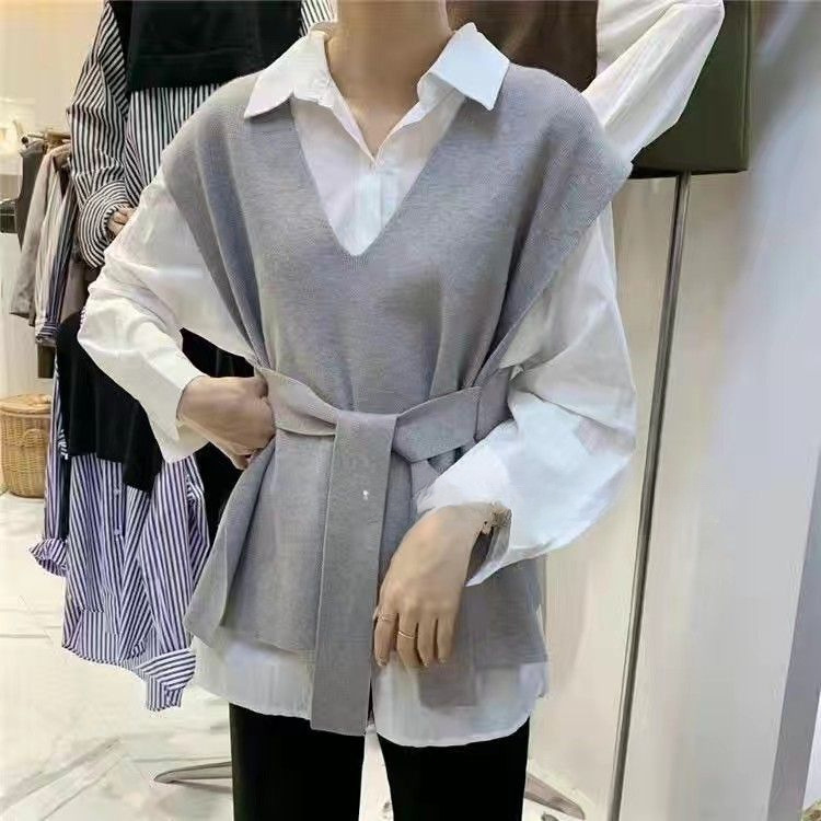 针织马甲女冬装新款韩版宽松外搭上衣无袖坎肩外穿毛衣背心两件套|undefined