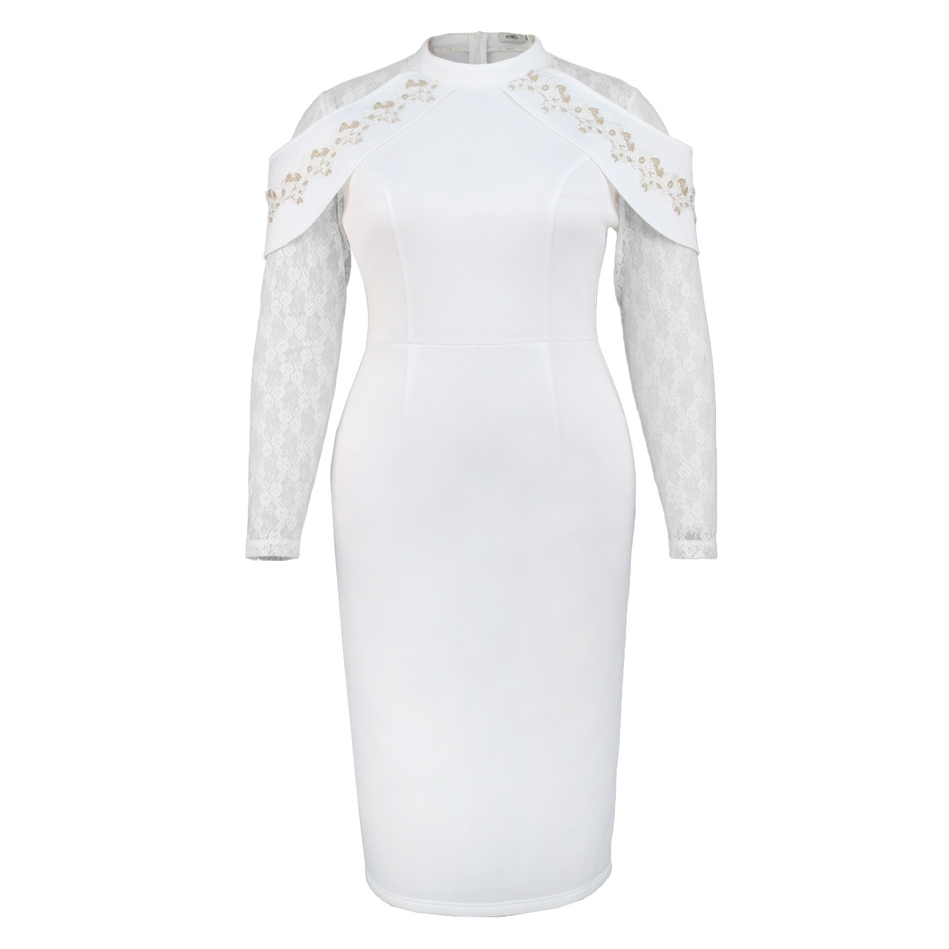 Abito in pizzo floreale da donna, temperamento elegante, piccolo colletto alto, gonna lunga fino alla vita, vestito_voghion.com