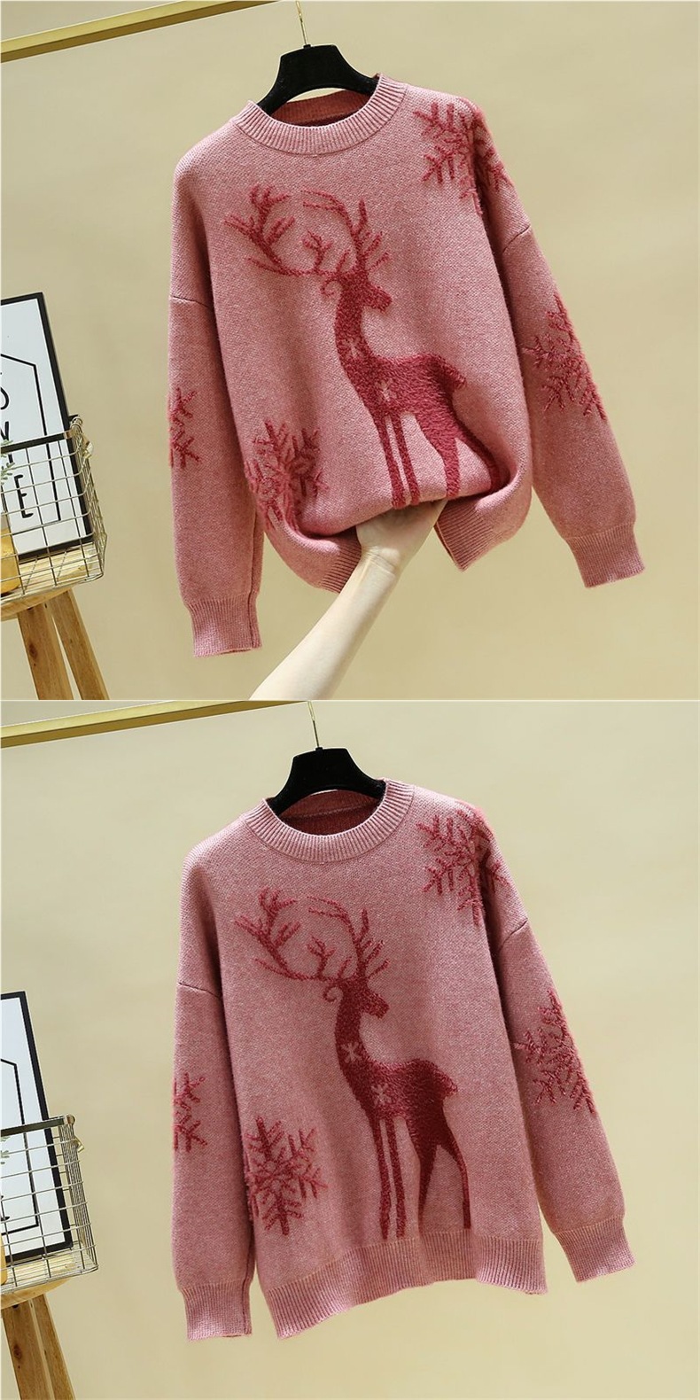 Damen Weihnachts Pullover Mit Rentier Motiv Und Stoffhose Set_voghion.com