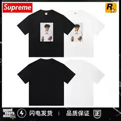 Cross-Border American Fashion Sup Large Collection Round Neck Printed 260g Pure Cotton Short-Sleeved American Accessible Luxury Loose T-Shirt for Men and Women