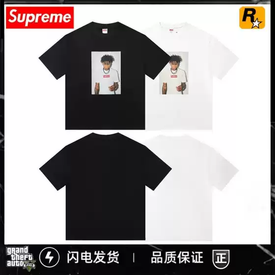 Cross-Border American Fashion Sup Large Collection Round Neck Printed 260g Pure Cotton Short-Sleeved American Accessible Luxury Loose T-Shirt for Men and Women